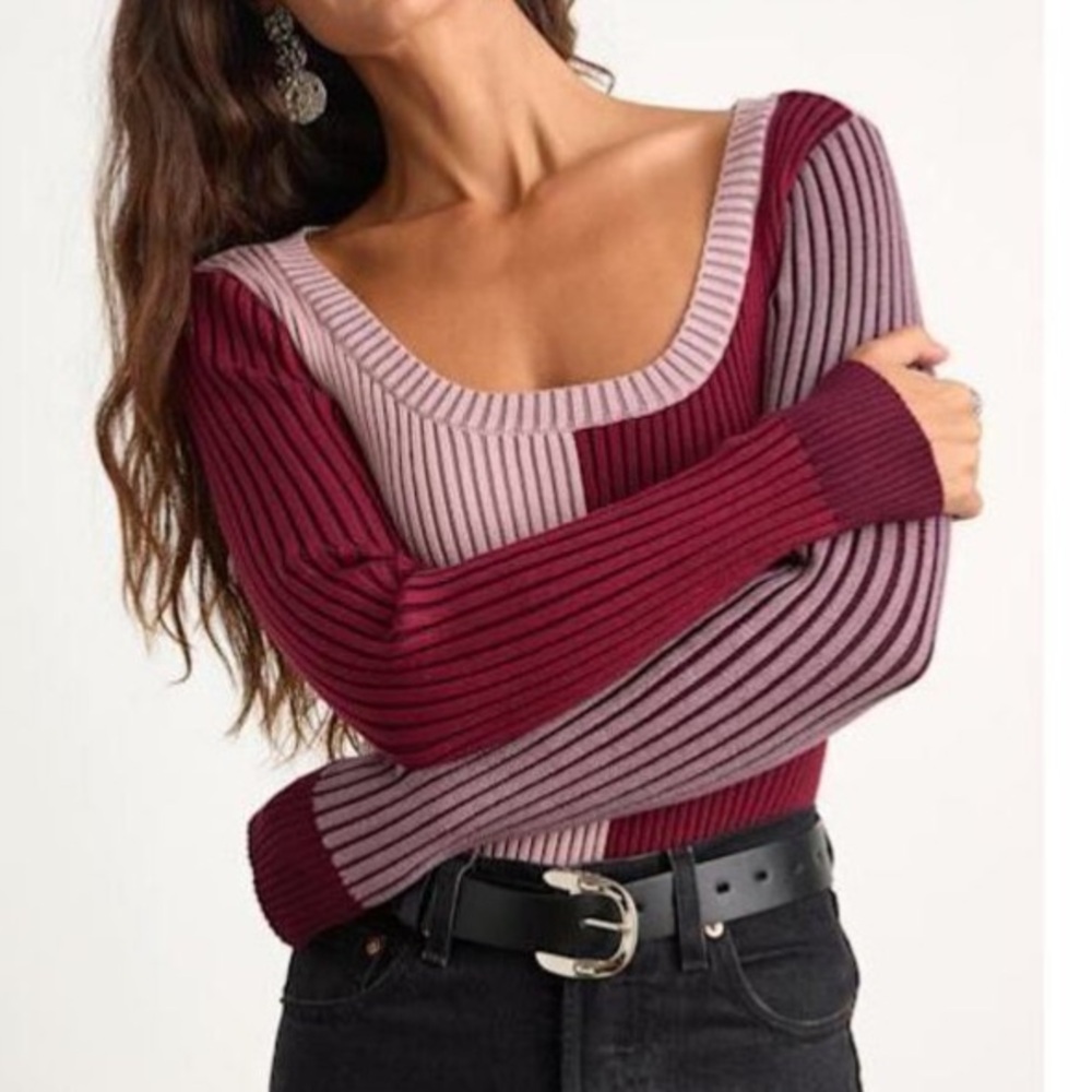Lulus Mod Cutie Burgundy Color Block Ribbed Long Sleeve Bodysuit Red - Size S
